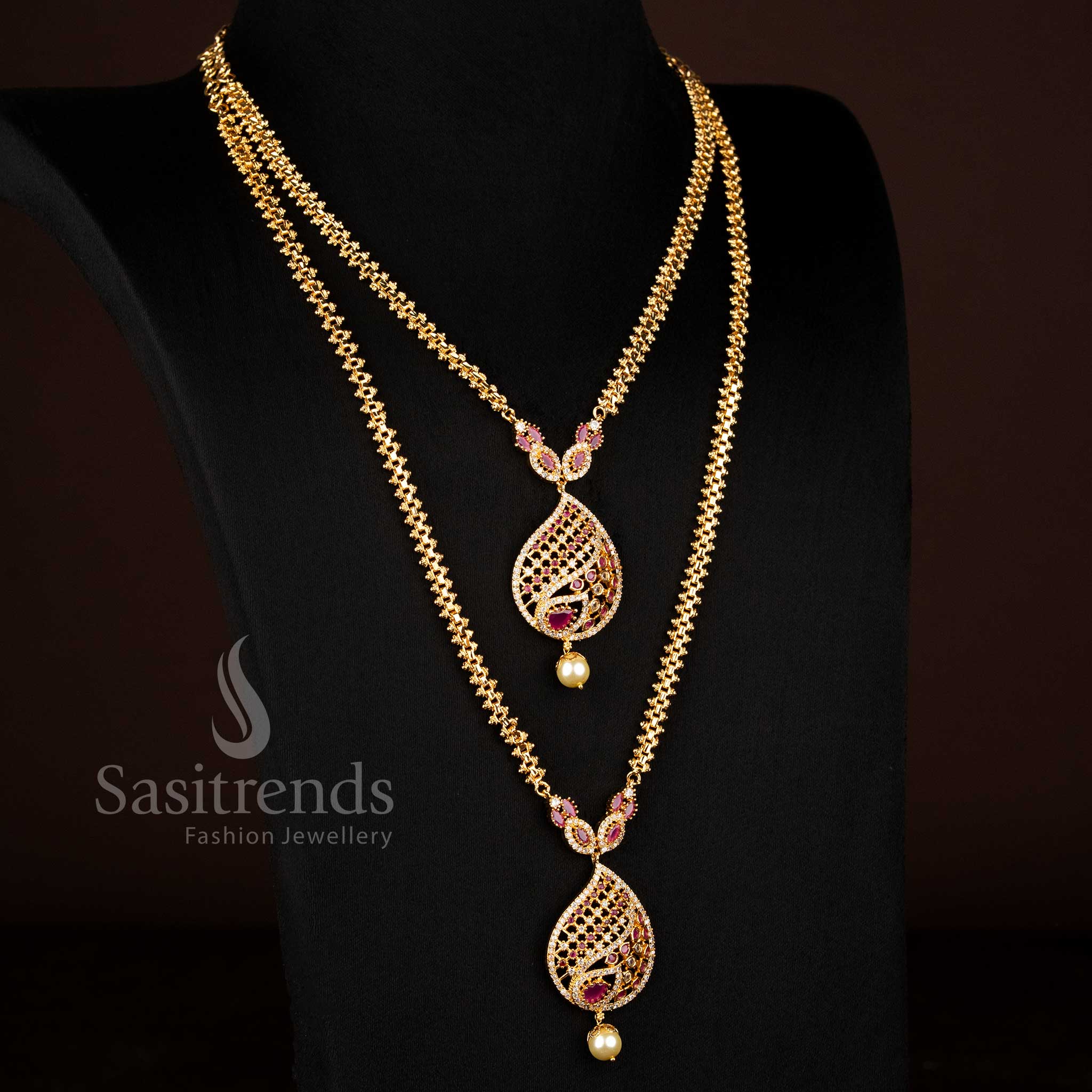 Guaranteed One Gram Micro gold plated White Ruby AD stone teardrop filigree short long combo necklace - Sasitrends