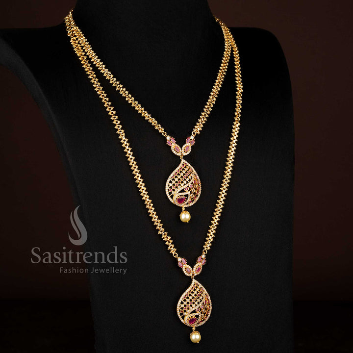Guaranteed One Gram Micro gold plated White Ruby AD stone teardrop filigree short long combo necklace - Sasitrends