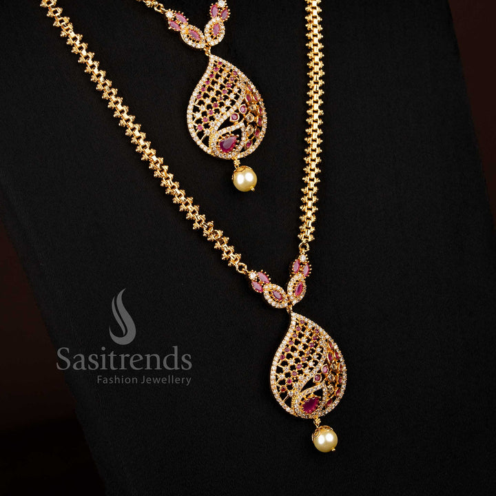 Traditional One Gram Micro gold plated White Ruby AD stone teardrop filigree short long combo necklace - Sasitrends