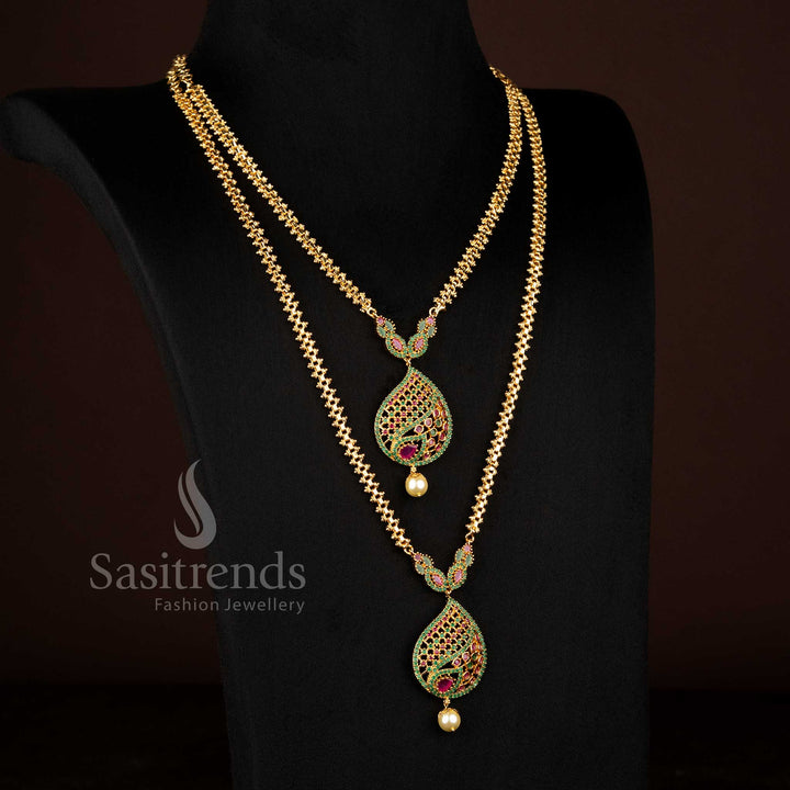 Guaranteed One Gram 24k Micro gold plated Ruby Green AD stone teardrop filigree short long combo necklace - Sasitrends