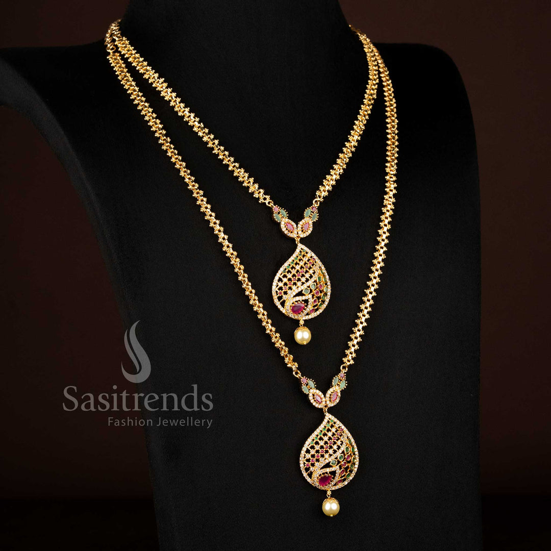 Real Gold Look Guaranteed One Gram Micro gold plated Multi AD stone teardrop filigree short long combo necklace - Sasitrends