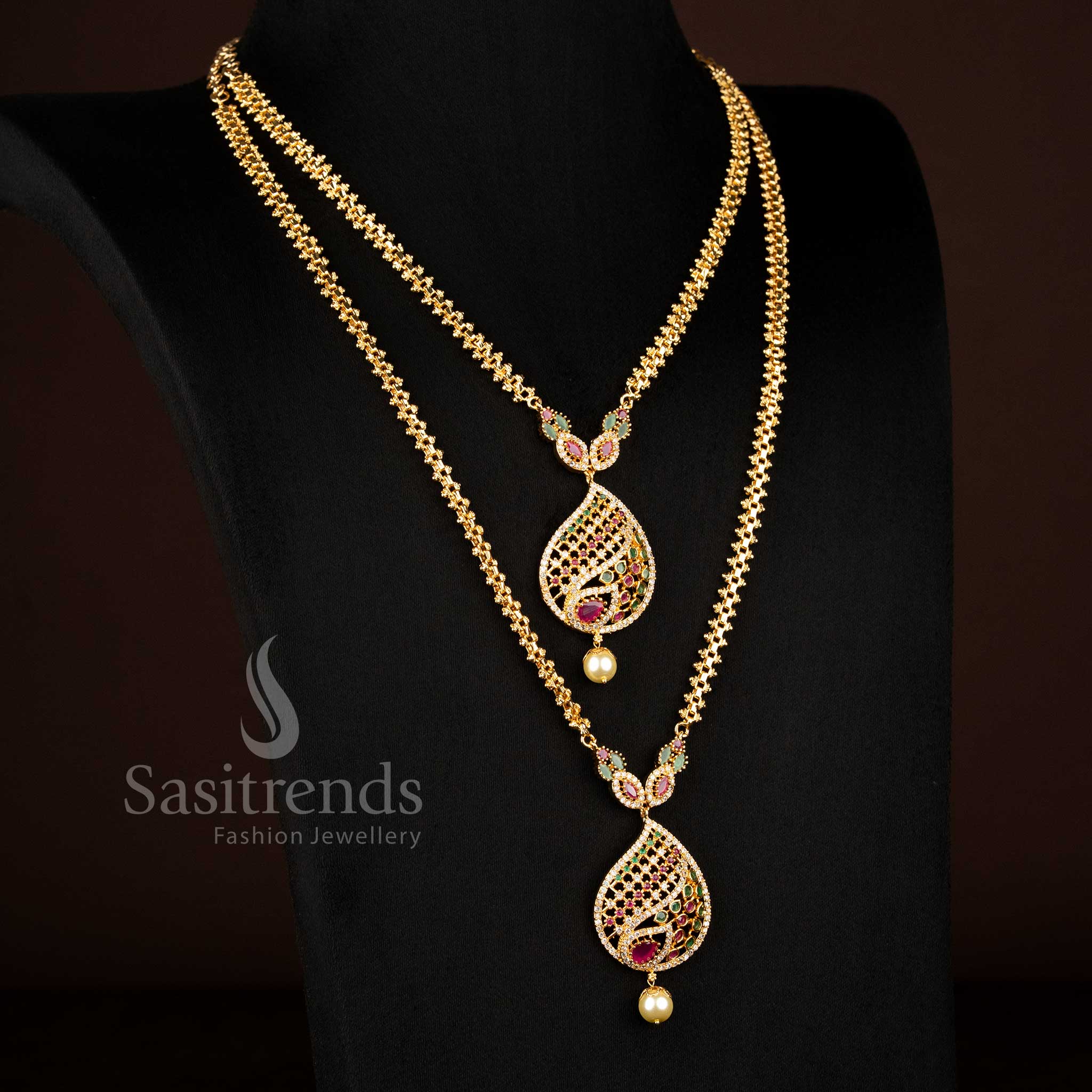 Real Gold Look Guaranteed One Gram Micro gold plated Multi AD stone teardrop filigree short long combo necklace - Sasitrends