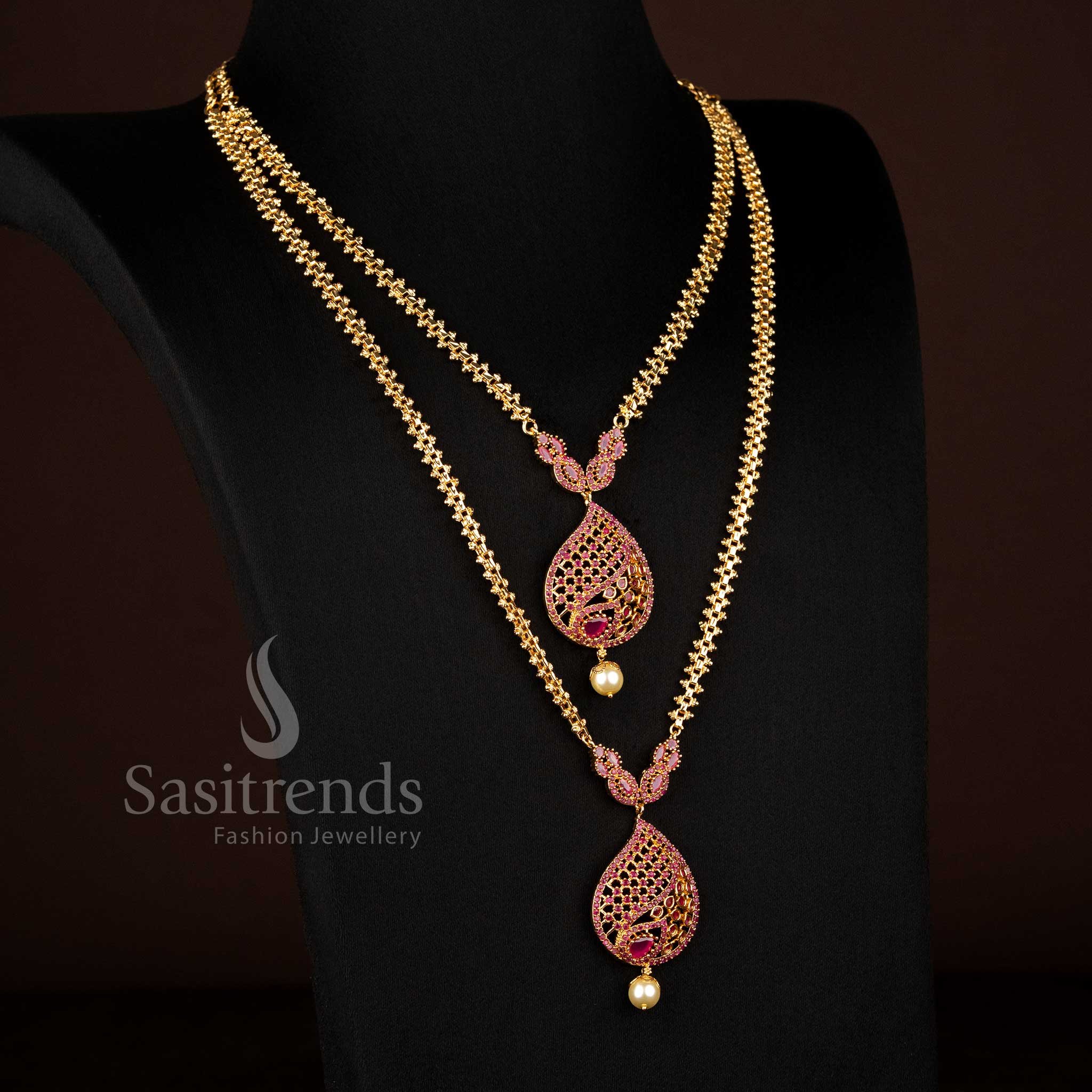 Real Gold Look Guaranteed 24K  Micro gold plated Ruby AD stone teardrop filigree short long combo necklace - Sasitrends