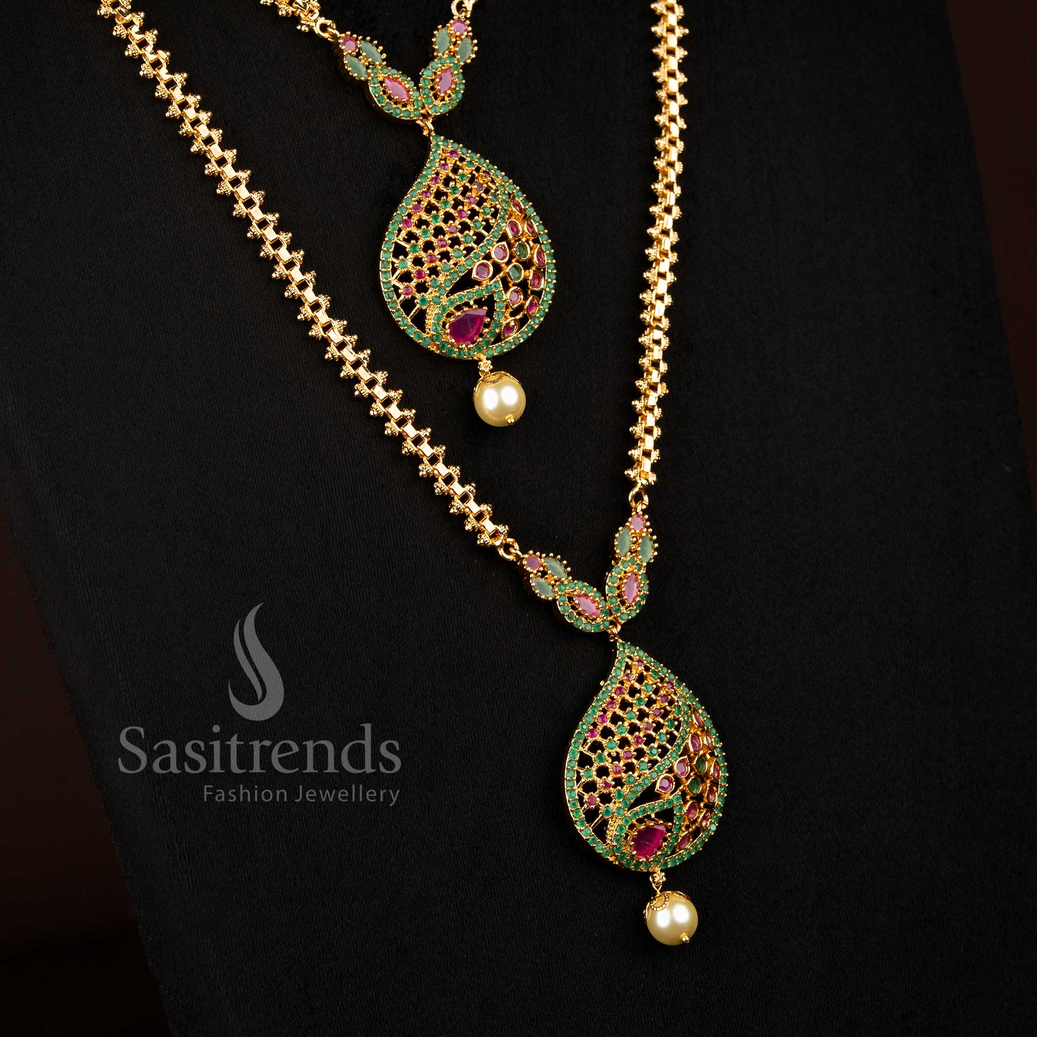 Wedding Wear One Gram Micro gold plated Ruby Green AD stone teardrop filigree short long combo necklace - Sasitrends