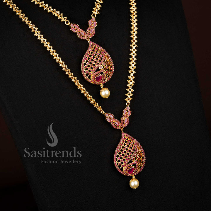 Bridal wear One Gram Micro gold plated Ruby AD stone teardrop filigree short long combo necklace - Sasitrends