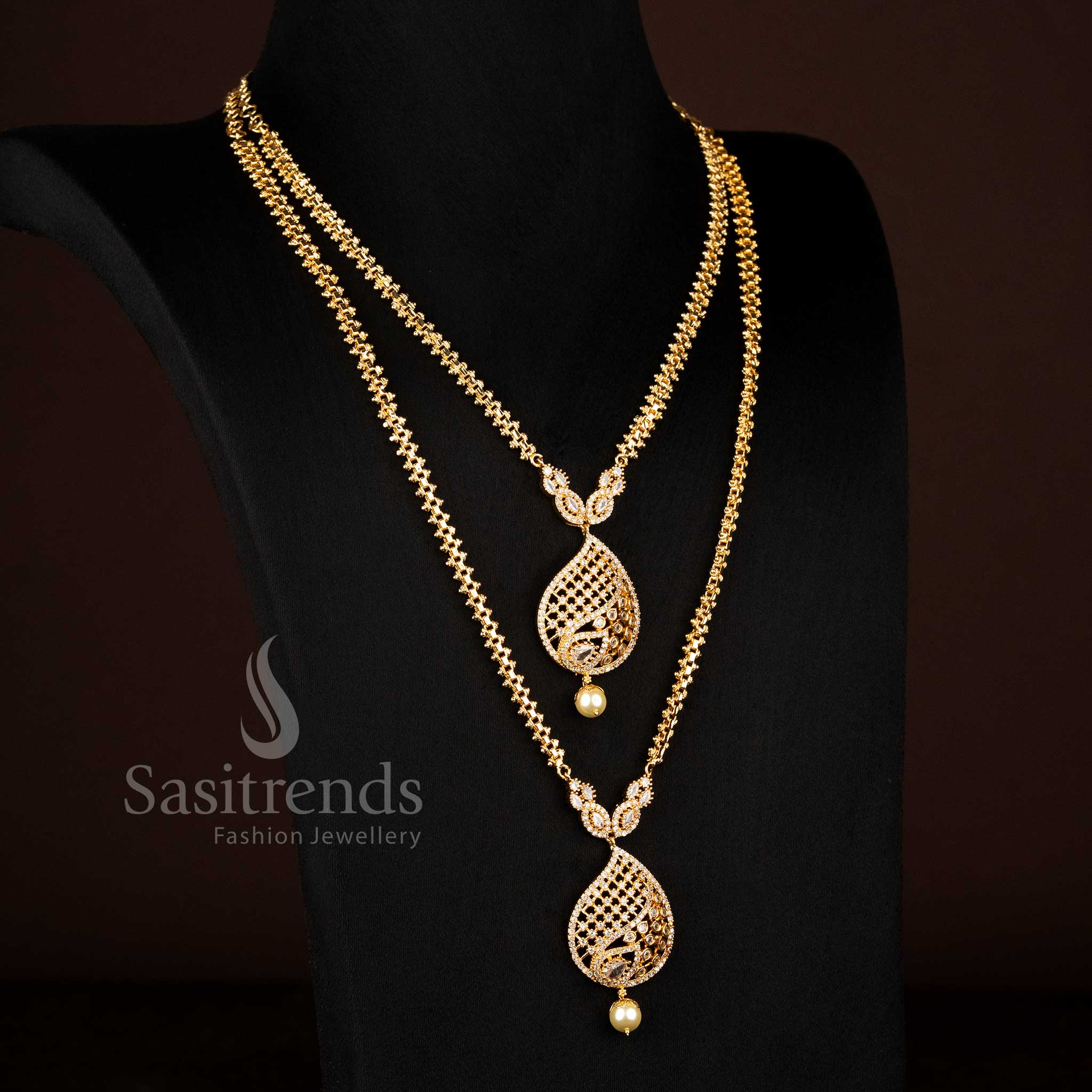 Real Gold Look Traditional 24K  Micro gold plated White AD stone teardrop filigree short long combo necklace - Sasitrends