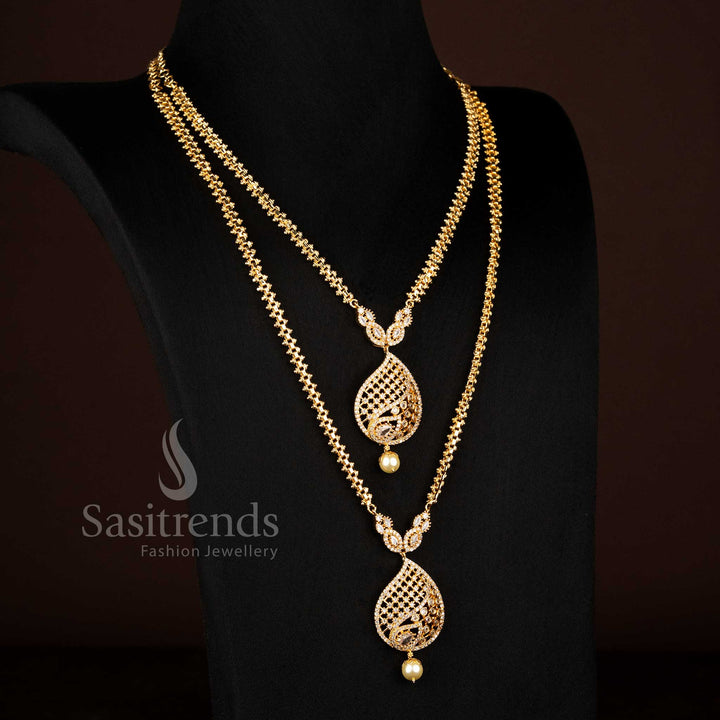 Real Gold Look Traditional 24K  Micro gold plated White AD stone teardrop filigree short long combo necklace - Sasitrends