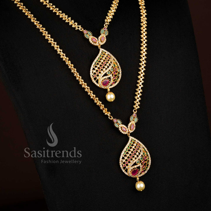 Wedding & Festive wear Micro gold plated Multi AD stone teardrop filigree short long combo necklace - Sasitrends