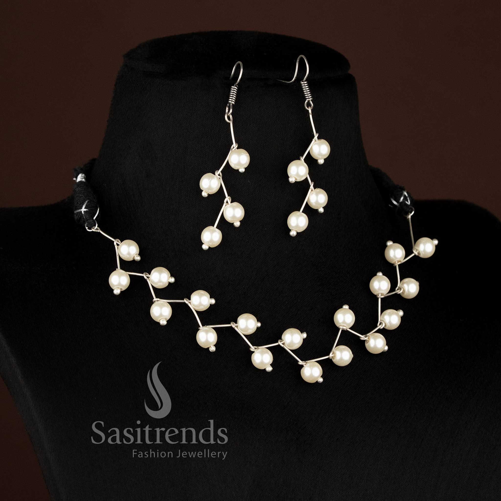 Oxidised twisted wire pearl statement necklace set for evening celebrations Sasitrends