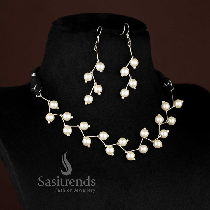Oxidised twisted wire pearl statement necklace set for evening celebrations Sasitrends