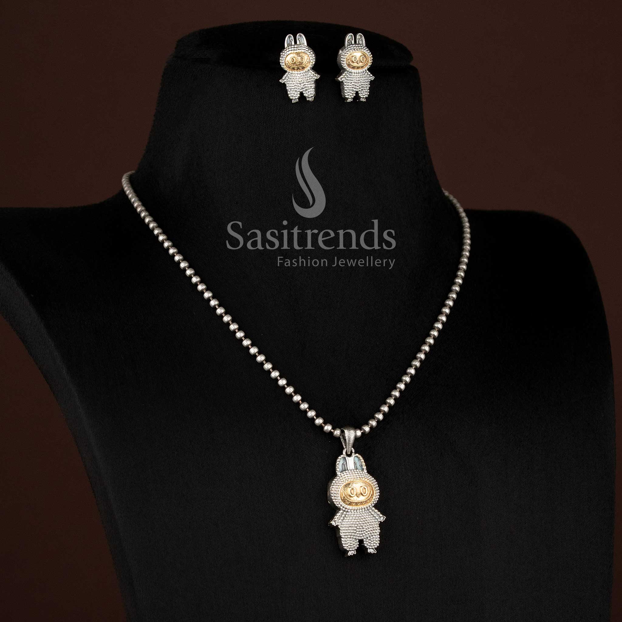 Oxidised Dual Tone Labubu Pendant Necklace Set with Earrings