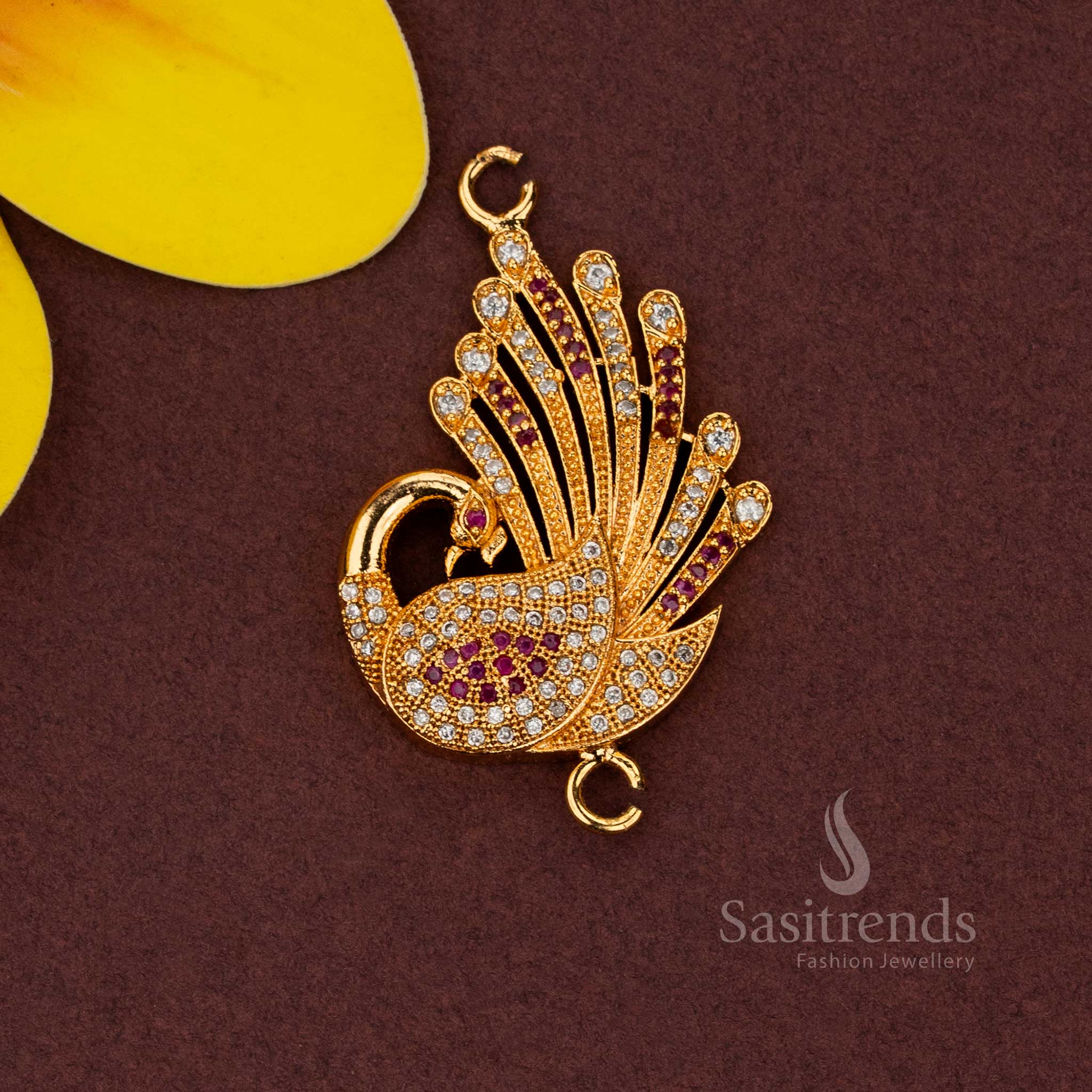 Guaranteed shine Mugappu pendant with AD embellishments for temple and cultural styling Sasitrends