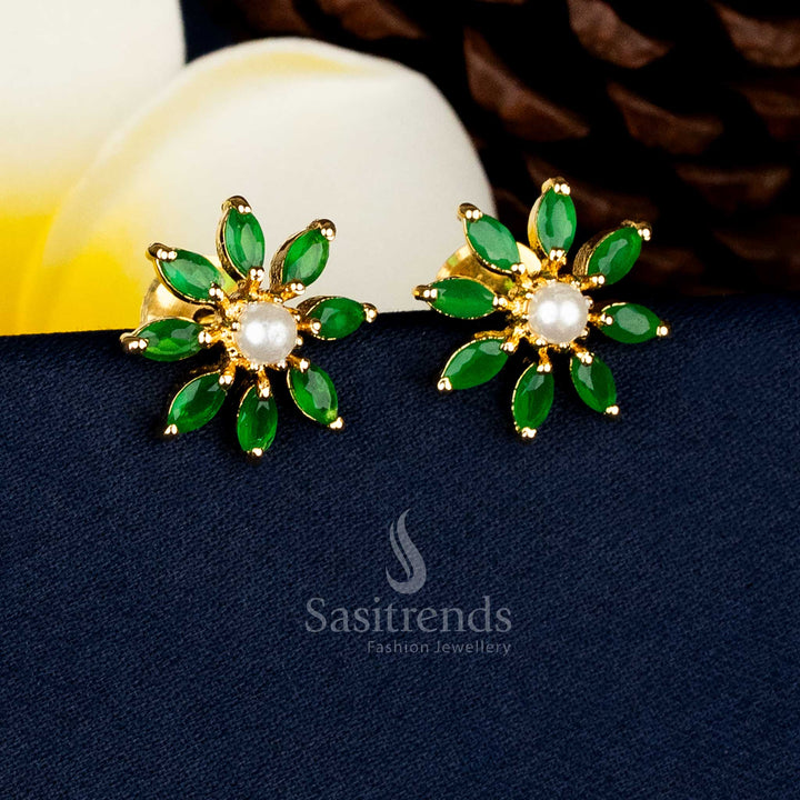 Guaranteed Traditional 24K Micro Gold Plated Pearl Centre Starburst Green AD Stone Stud Earrings With Real-Gold-Like Finish - Sasitrends