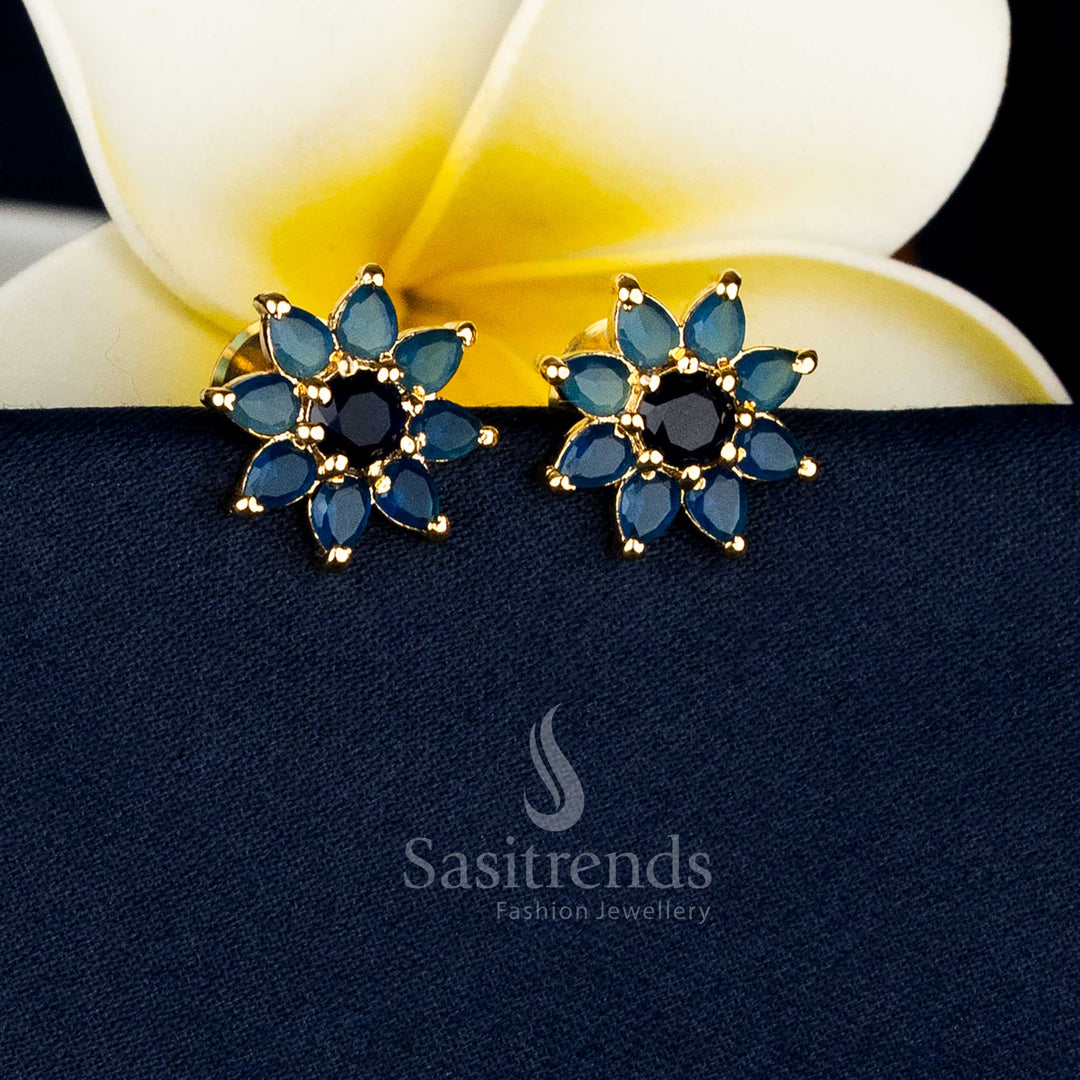 Micro gold plated teardrop floral AD stone and pearl stud earrings for family and festive events Sasitrends