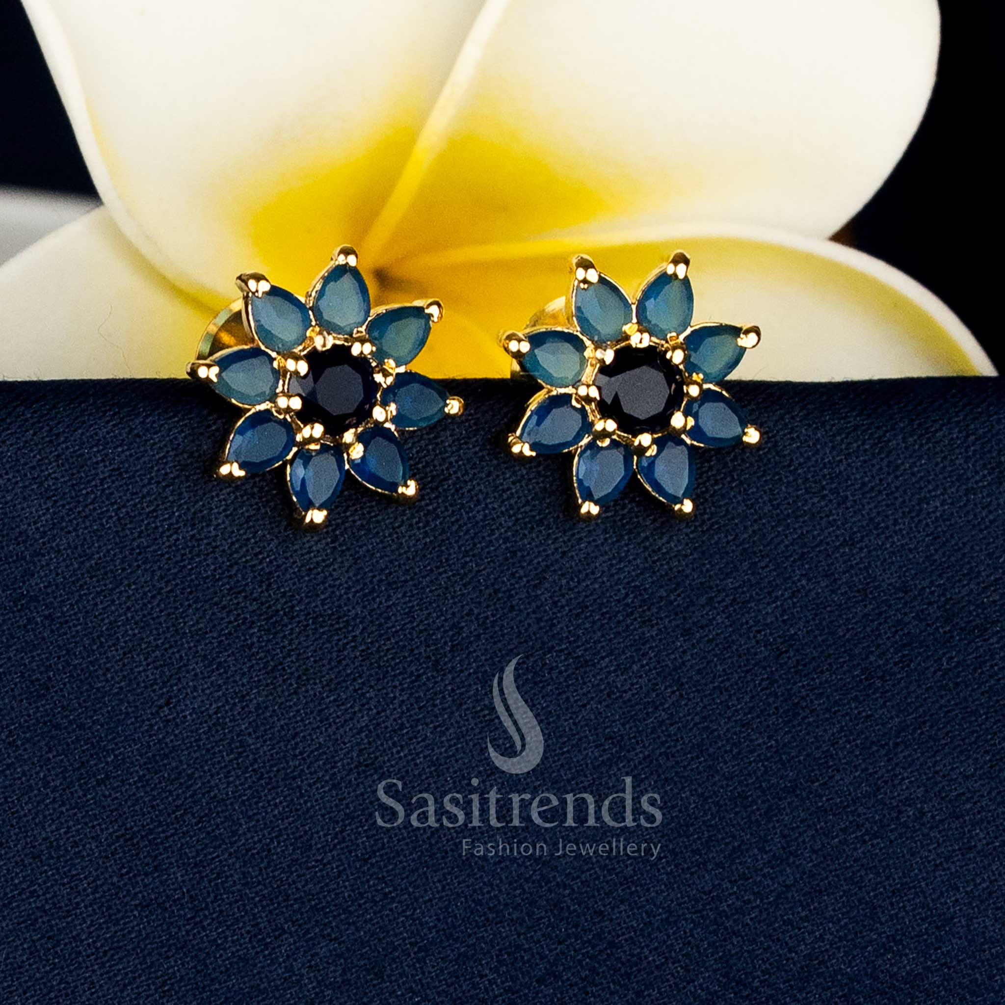 Micro gold plated teardrop floral AD stone and pearl stud earrings for family and festive events Sasitrends