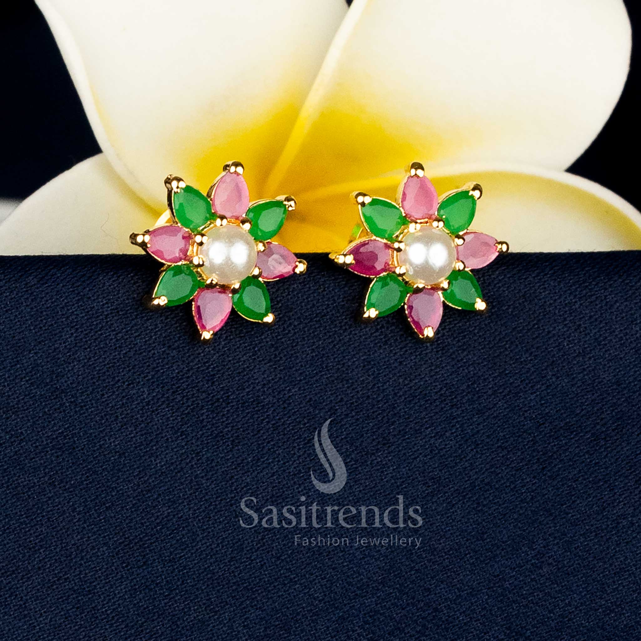 Graceful Micro Gold Plated Teardrop Floral AD Stone and Pearl Stud Earrings for Family and Festive Occasions