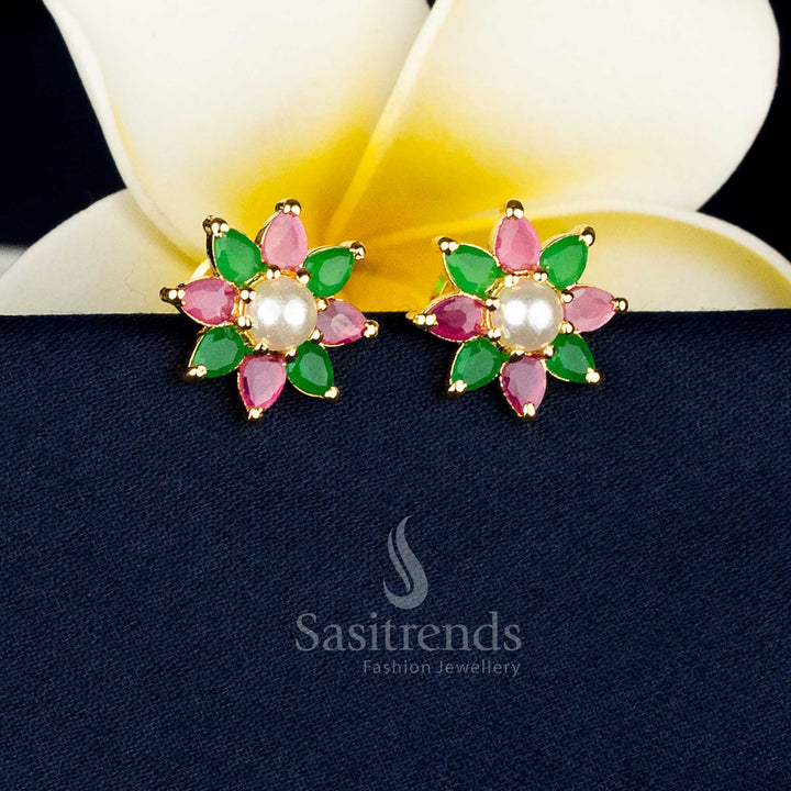 Graceful Micro Gold Plated Teardrop Floral AD Stone and Pearl Stud Earrings for Family and Festive Occasions