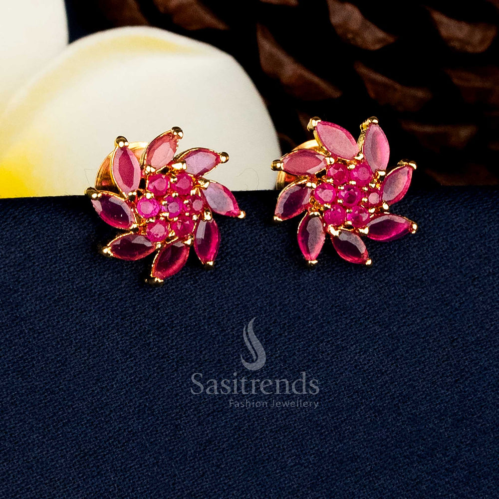 Guaranteed Micro Gold Plated Radiant Burst Pearl Centre Ruby AD Stone Stud Earrings With Premium Real-Gold-Like Finish - Sasitrends