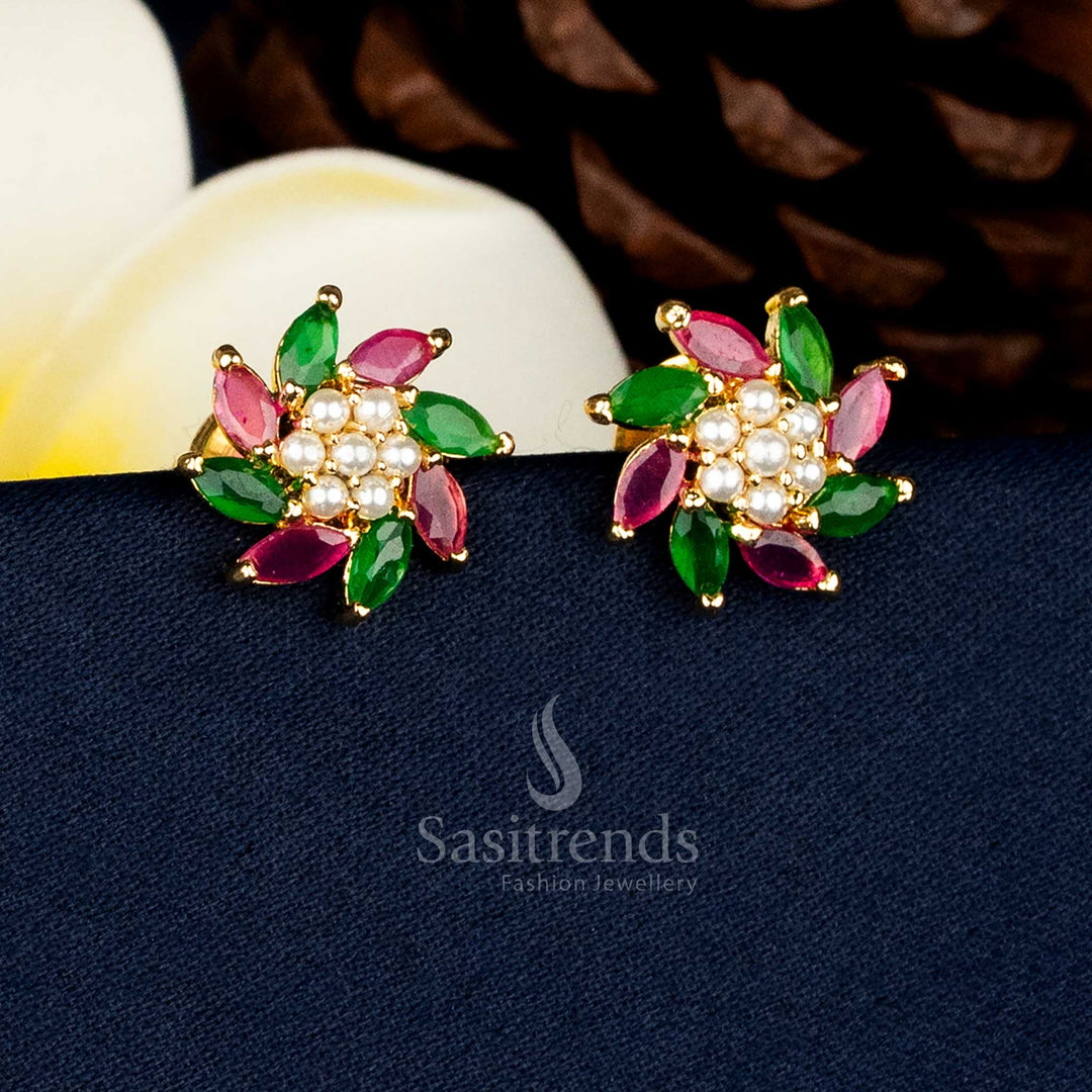 Traditional Festive wear Micro Gold Plated Radiant Burst Pearl Centre Ruby Green AD Stone Stud Earrings With Premium Real-Gold-Like Finish - Sasitrends