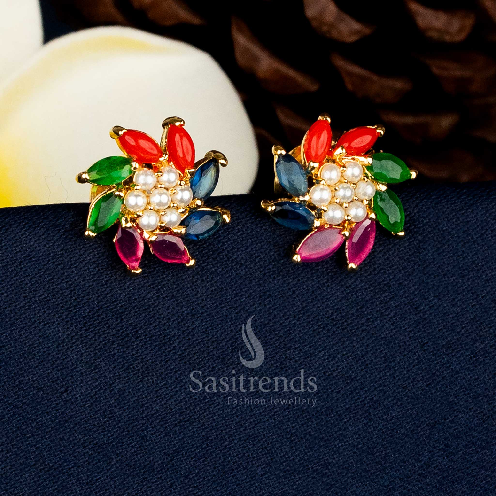 Guaranteed Premium Micro Gold Plated Navarathna AD Stone Radiant Burst Pearl Stud Earrings With High Quality Craftsmanship - Sasitrends