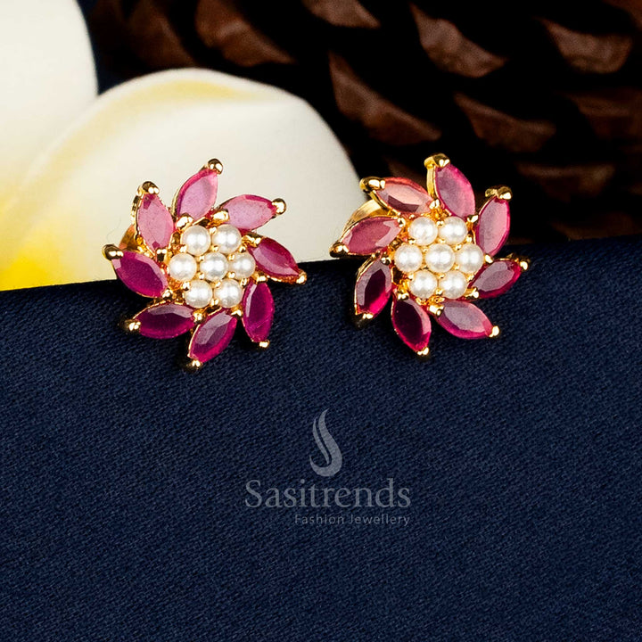Guaranteed Premium Micro Gold Plated Ruby AD Stone Radiant Burst Pearl Stud Earrings With High Quality Craftsmanship - Sasitrends