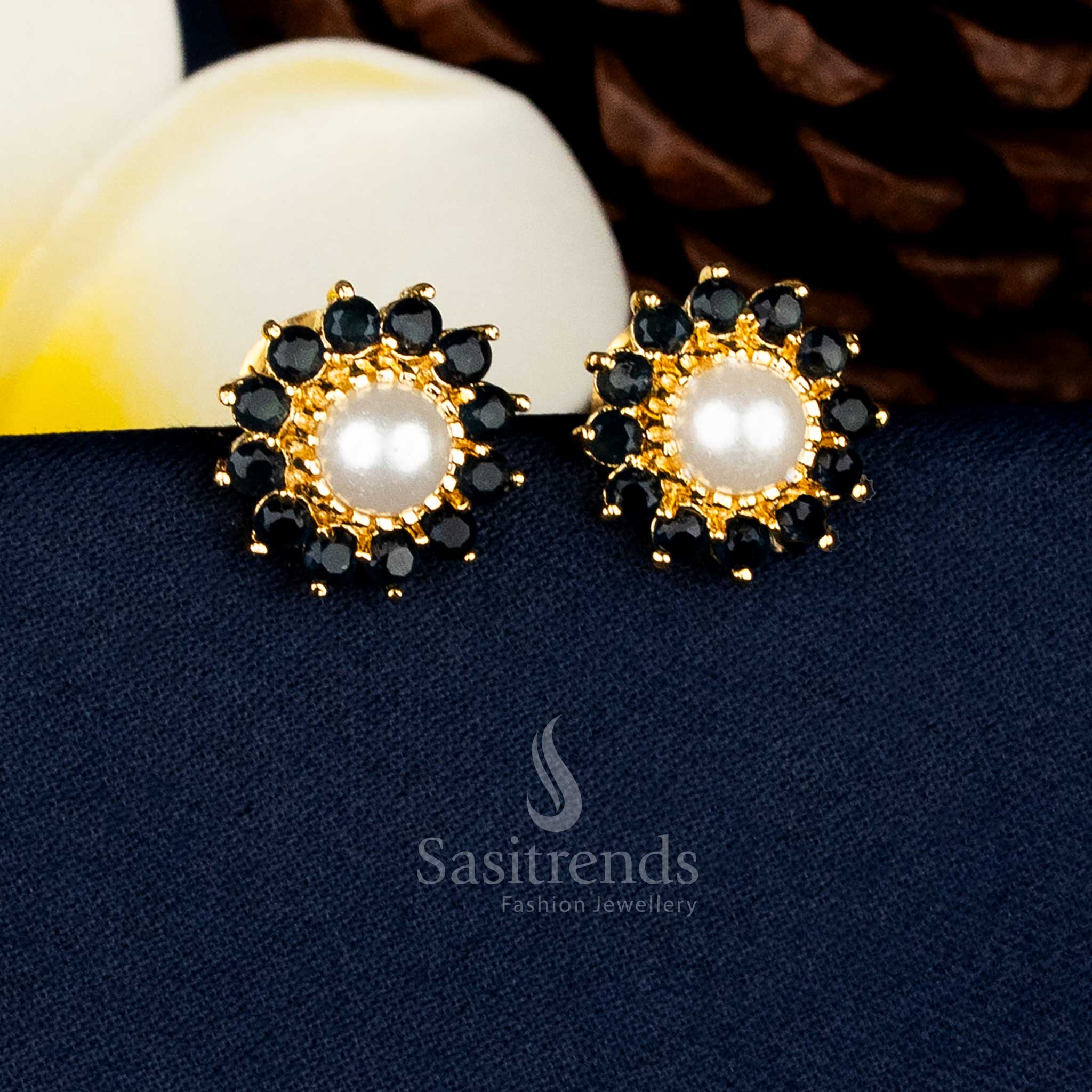 Bold pearl blue micro gold plated round flower AD stone and pearl stud earrings with pearl detailing for festive occasions – Sasitrends
