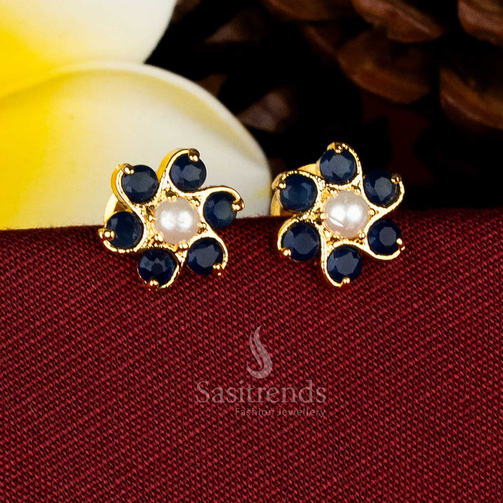 Elegant Micro Gold Plated Circular Floral Cluster AD Stone and Pearl Stud Earrings for Traditional and Festive Wear Elegant Micro Gold Finish AD Stone Stud Earrings – Perfect For Special Occasions