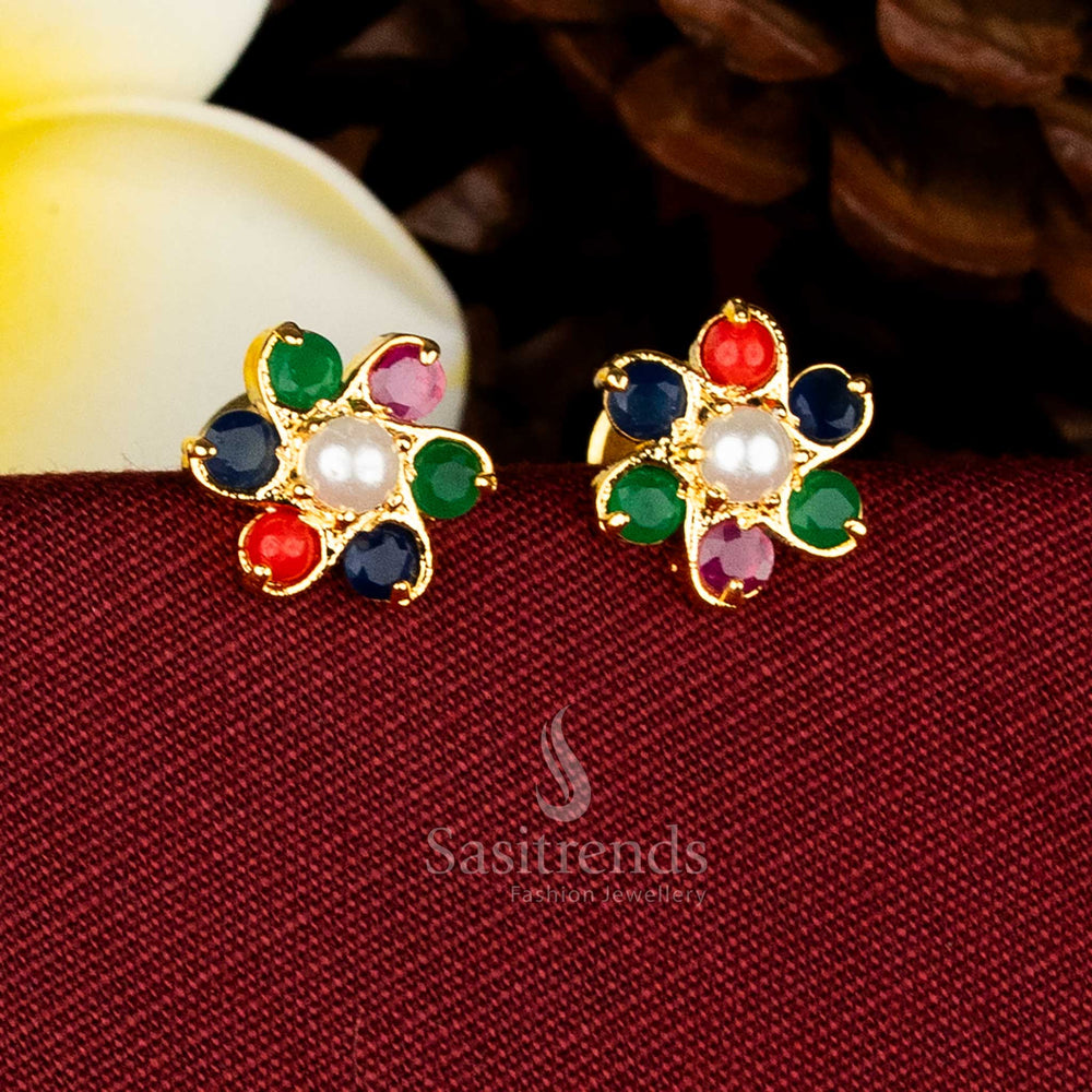 Micro gold plated circular floral cluster AD stone and pearl stud earrings for festive and traditional wear Sasitrends