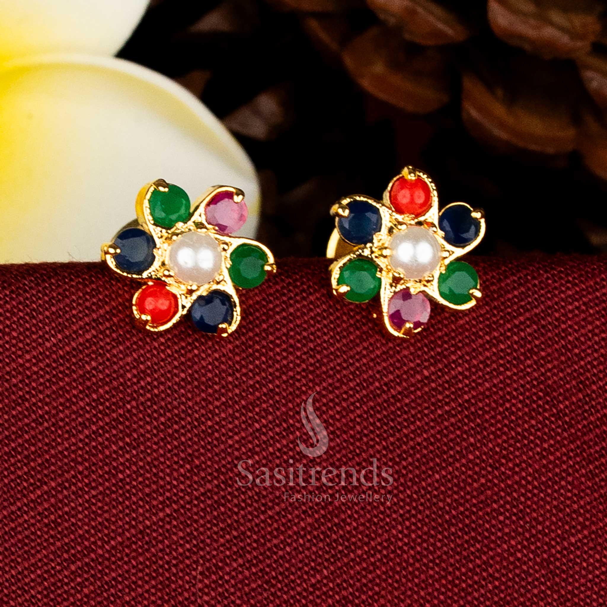 Micro gold plated circular floral cluster AD stone and pearl stud earrings for festive and traditional wear Sasitrends