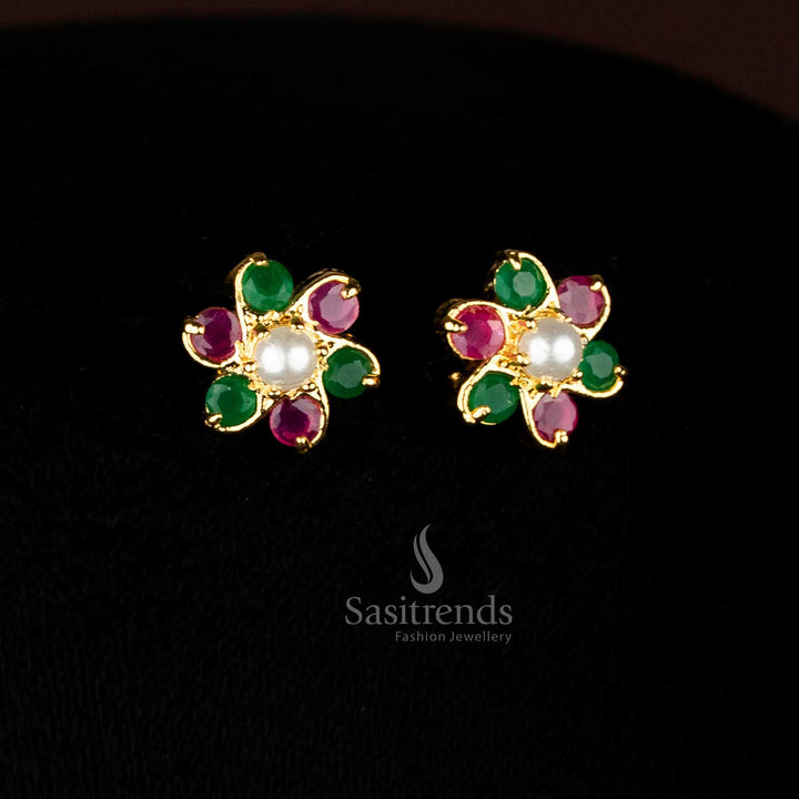 Party wear Elegant circular floral Ruby green AD stone and pearl stud earrings for weddings and cultural occasions - Sasitrends