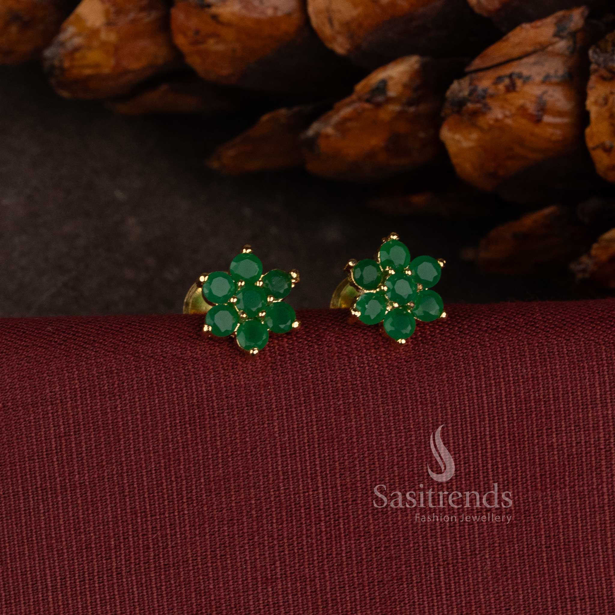 Micro Gold Plated Floral Stud Earrings with AD Stones and Pearls - Sasitrends