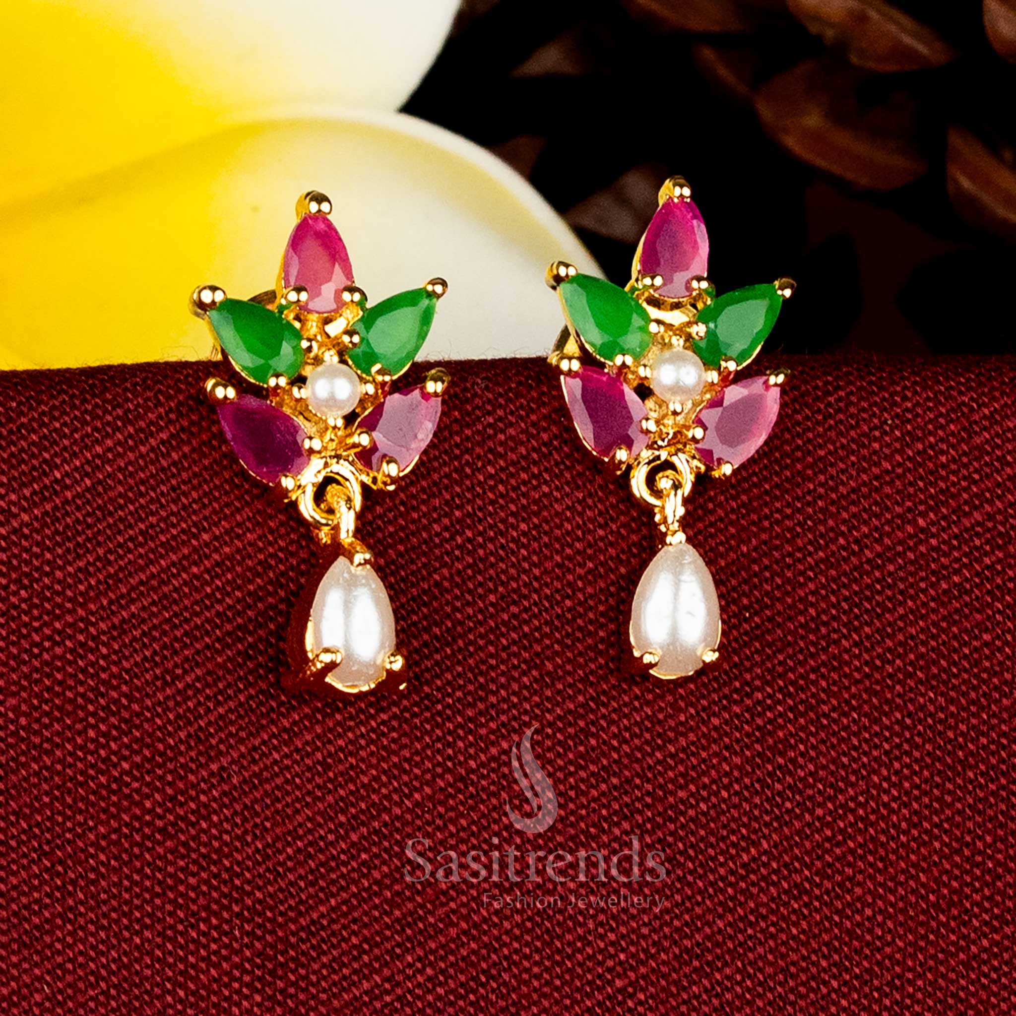 Micro Gold Plated Pearl Drop Cluster Ruby green AD Stone Stud Earrings With Premium Finish - Sasitrends