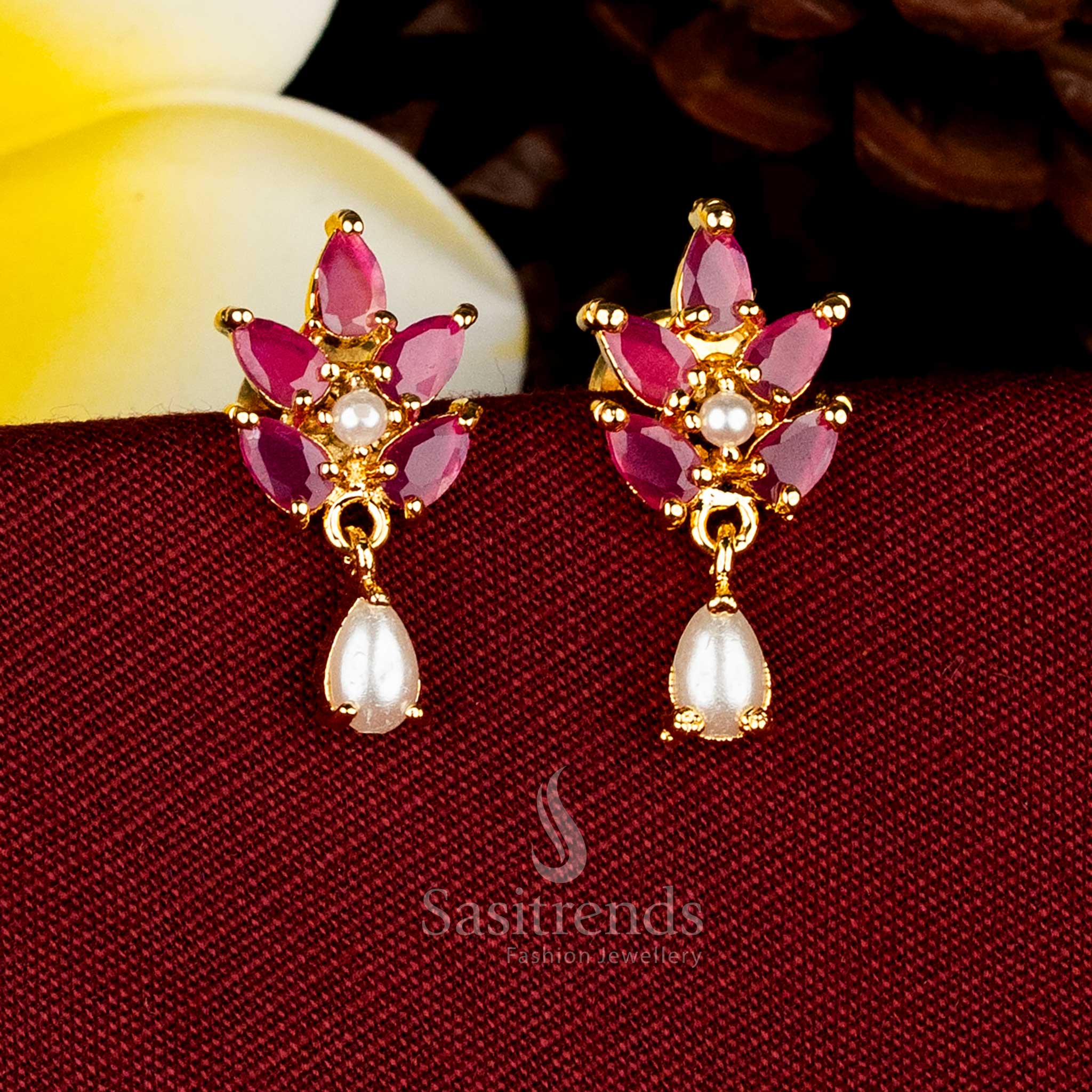 Attractive Micro Gold Plated Pearl Drop Cluster Ruby AD Stone Stud Earrings With Premium Finish - Sasitrends