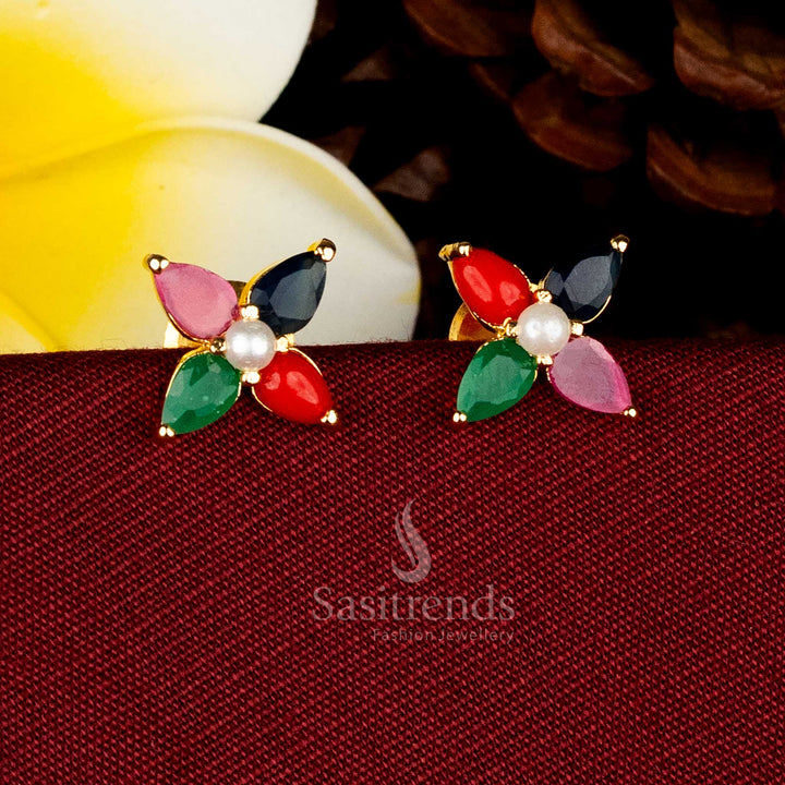 Guaranteed Elegant 24K Micro Gold Plated Floral Petal Stud Earrings with Pearl Centre