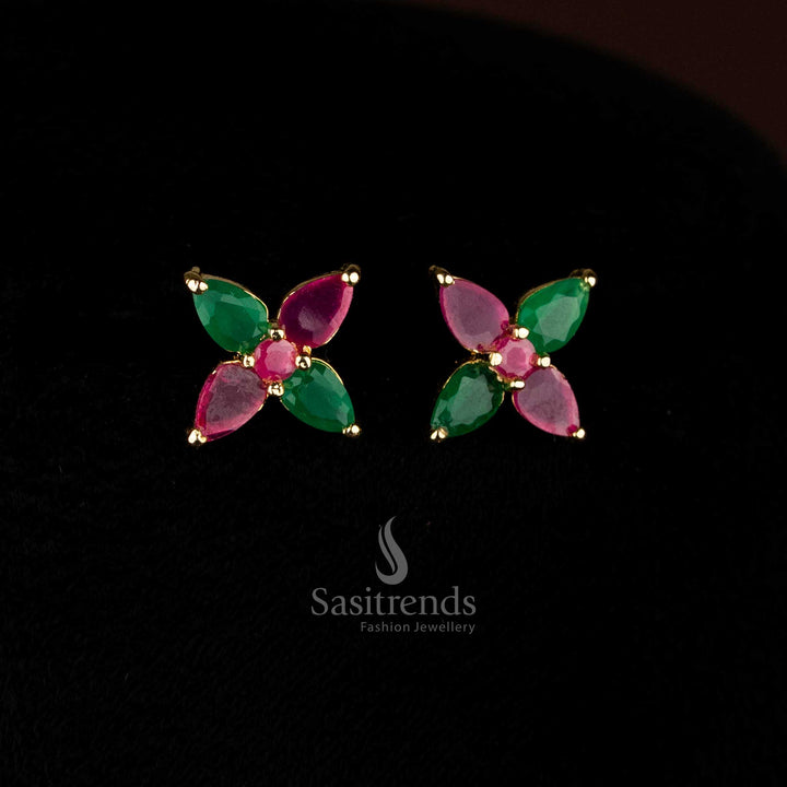 Guaranteed Four-petal floral Ruby green AD stone studs for mehendi and festive styling Sasitrends