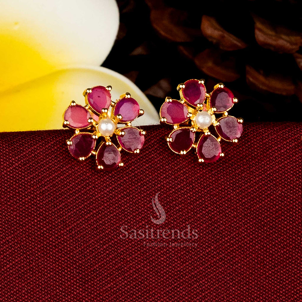 Guaranteed traditional one gram micro gold plated floral teardrop Ruby AD stone pearl stud earrings - Sasitrends