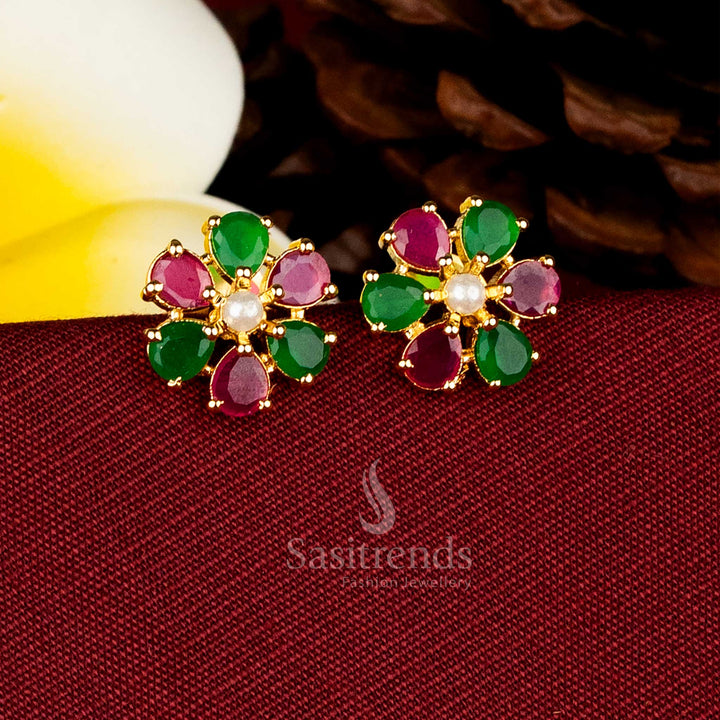 Marvelous Real Gold Look 24K Micro Gold Plated Floral AD Stone Pearl Stud Earrings