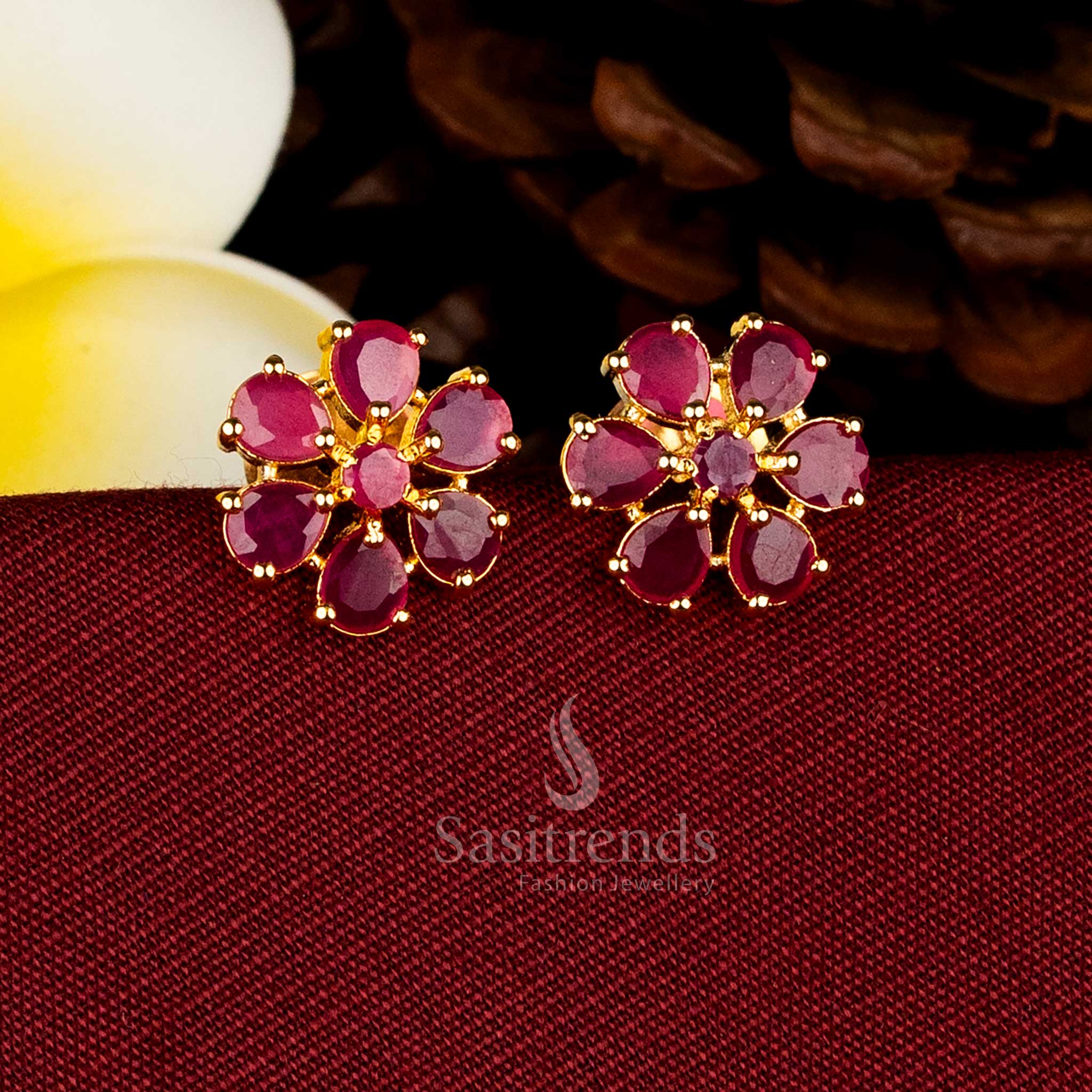Guaranteed real gold look 24k micro gold plated floral teardrop euby AD stone stud earrings - Sasitrends