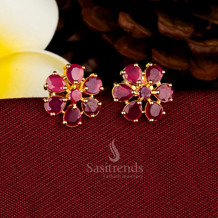 Guaranteed real gold look 24k micro gold plated floral teardrop euby AD stone stud earrings - Sasitrends