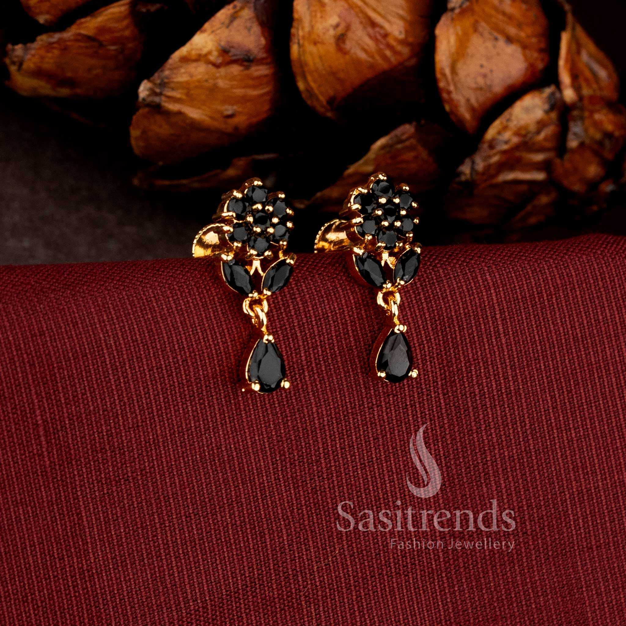 Sasitrends premium micro gold plated black cluster dangler earrings adorned with a brilliant teardrop AD stone stud and rich polished finish perfect for bridal and grand celebration wear.