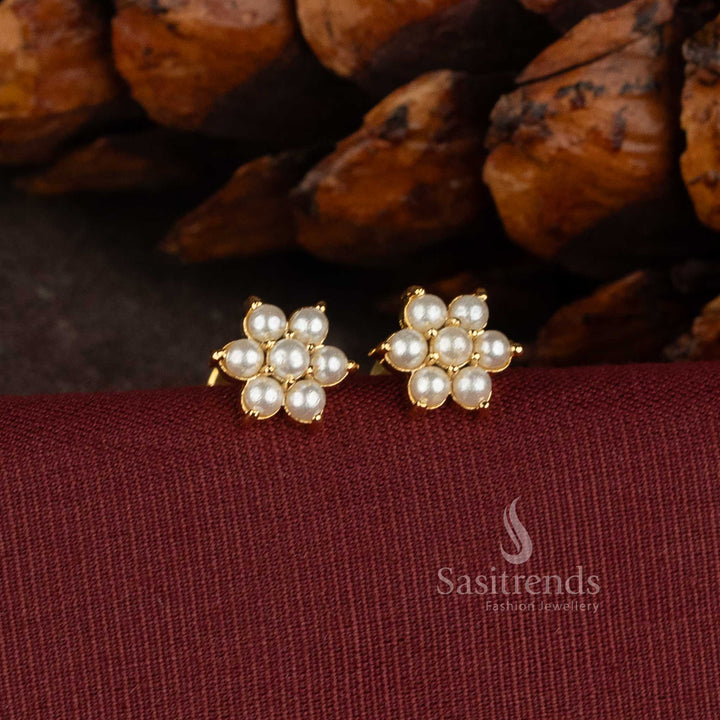 Micro Gold Plated Floral Stud Earrings with AD Stones and Pearls - Sasitrends