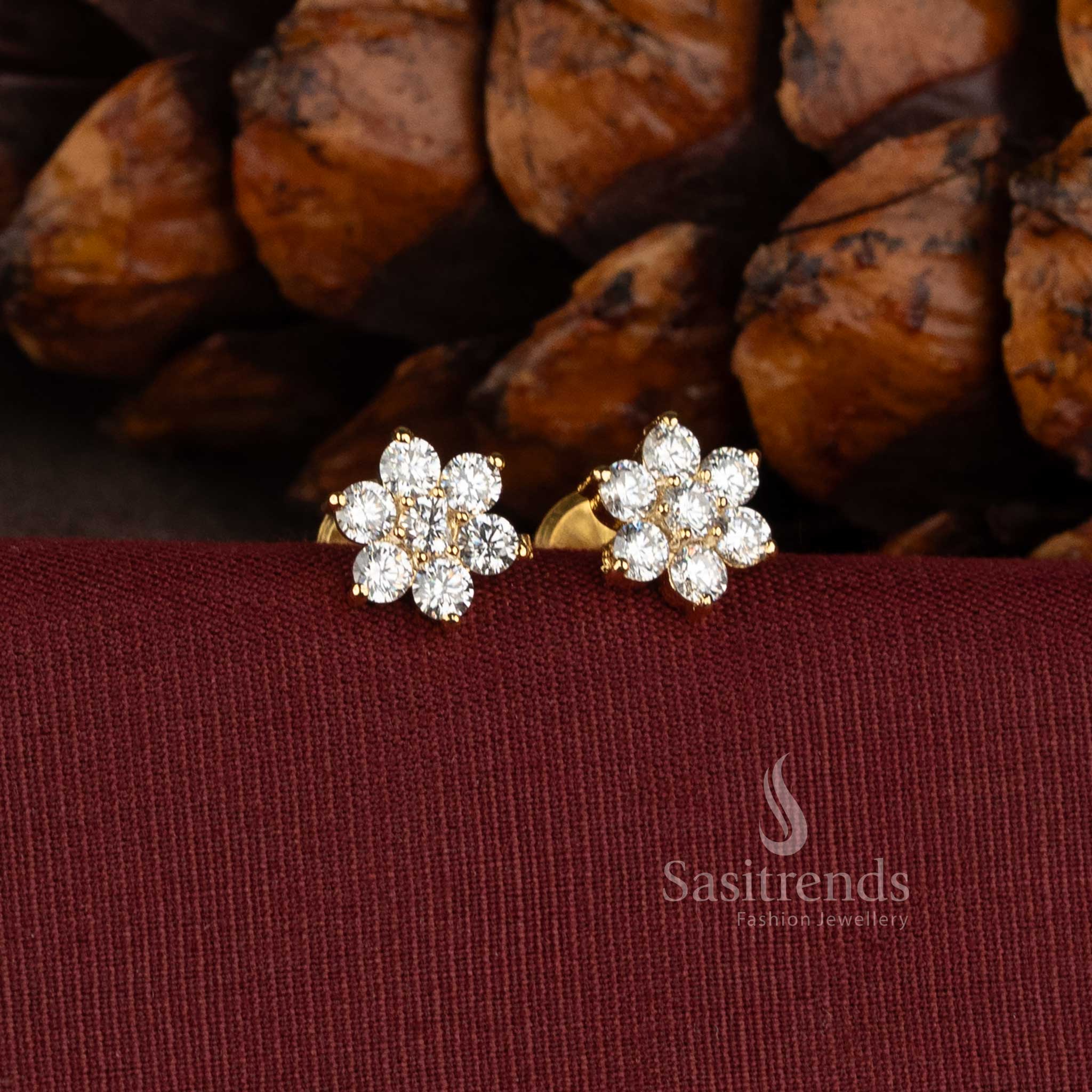 Micro Gold Plated Floral AD Stone Stud Earrings with Pearl Detailing - Sasitrends