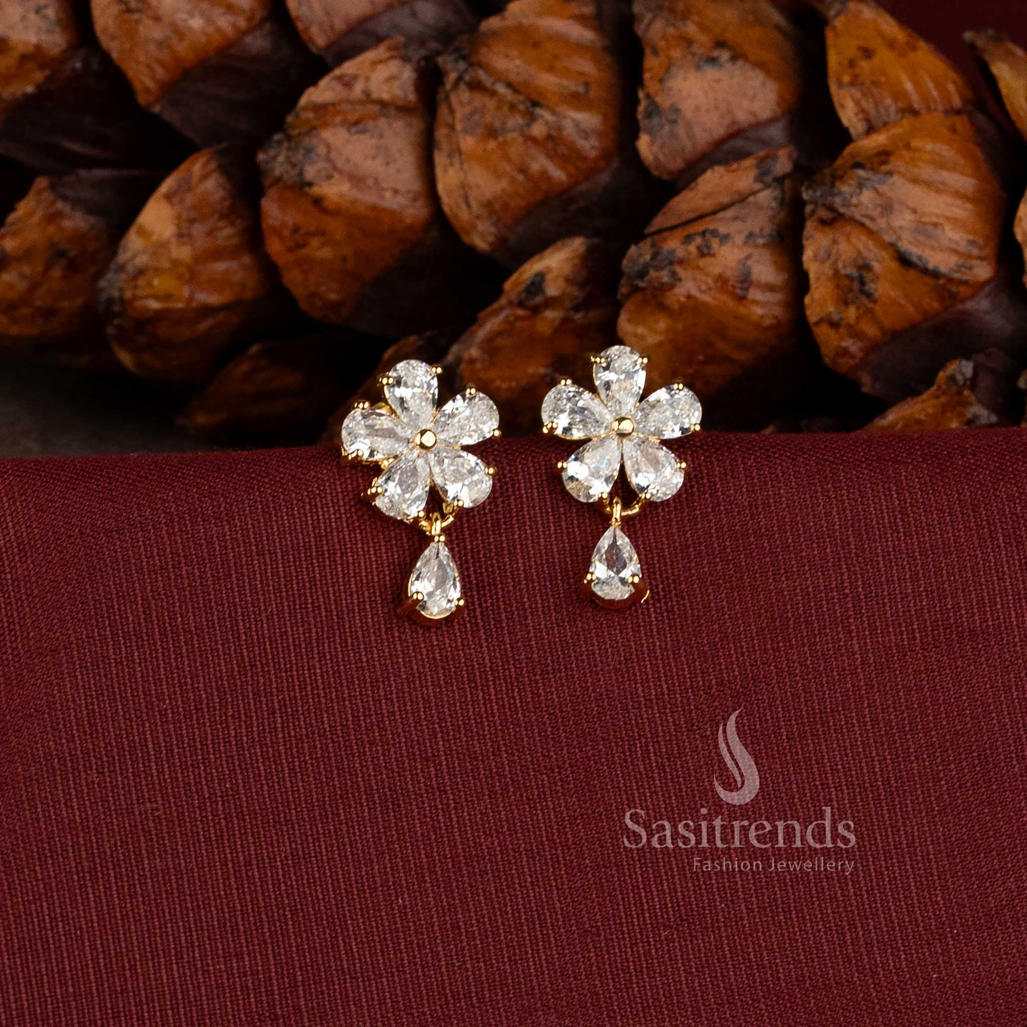 Charming Micro Gold Plated Floral Stud Earrings with AD Stones and Pearls - Sasitrends