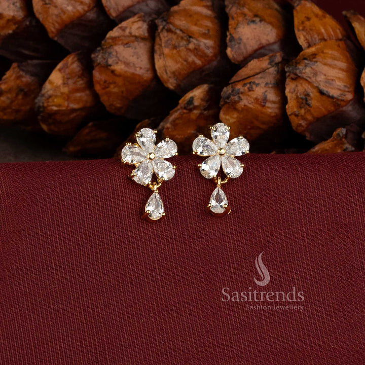 Charming Micro Gold Plated Floral Stud Earrings with AD Stones and Pearls - Sasitrends