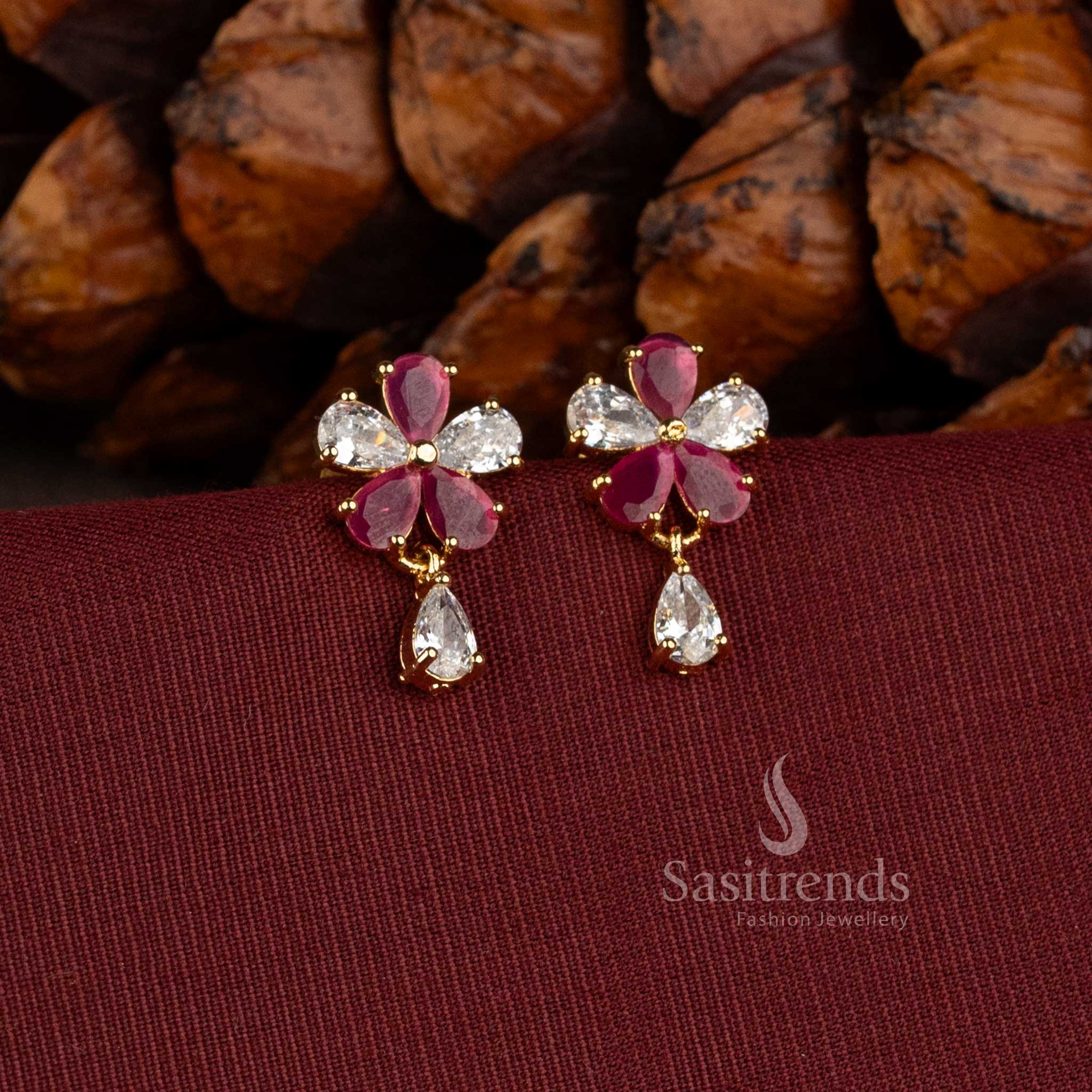 Charming Micro Gold Plated Floral Stud Earrings with AD Stones and Pearls - Sasitrends