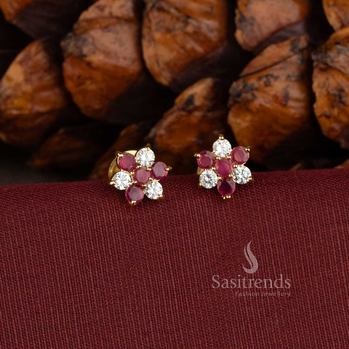 Micro Gold Plated Floral Stud Earrings with AD Stones and Pearls - Sasitrends