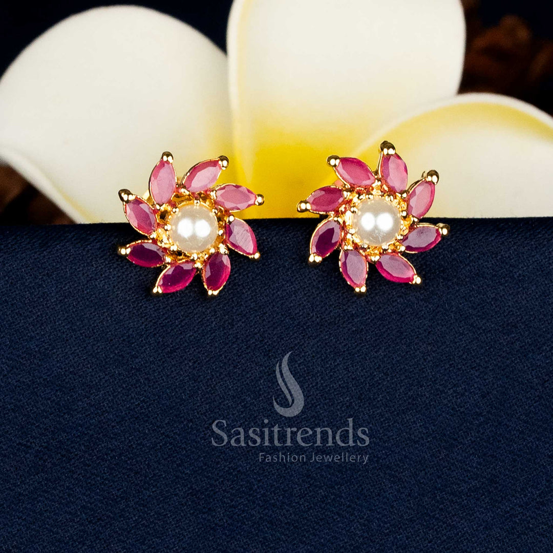 Gold plated petal flower earrings adorned with AD stones and pearls for festive and cultural gatherings Sasitrends