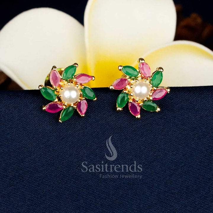 Elegant petal floral AD stone stud earrings with dangling pearls for ethnic styling Sasitrends
