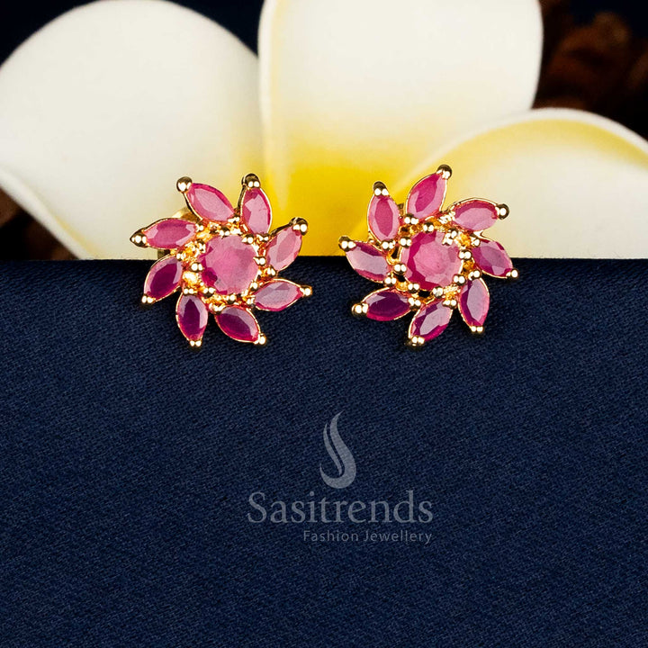 Elegant petal floral AD stone stud earrings with dangling pearls for ethnic styling Sasitrends