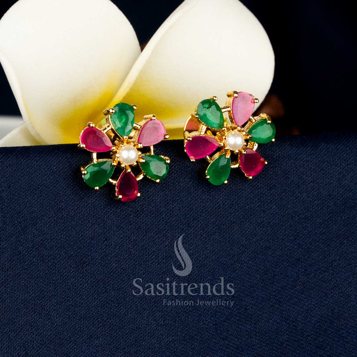 Micro Gold Plated Teardrop Halo Pearl Centre Ruby Green AD Stone Stud Earrings With Premium Real-Gold-Like Finish - Sasitrends